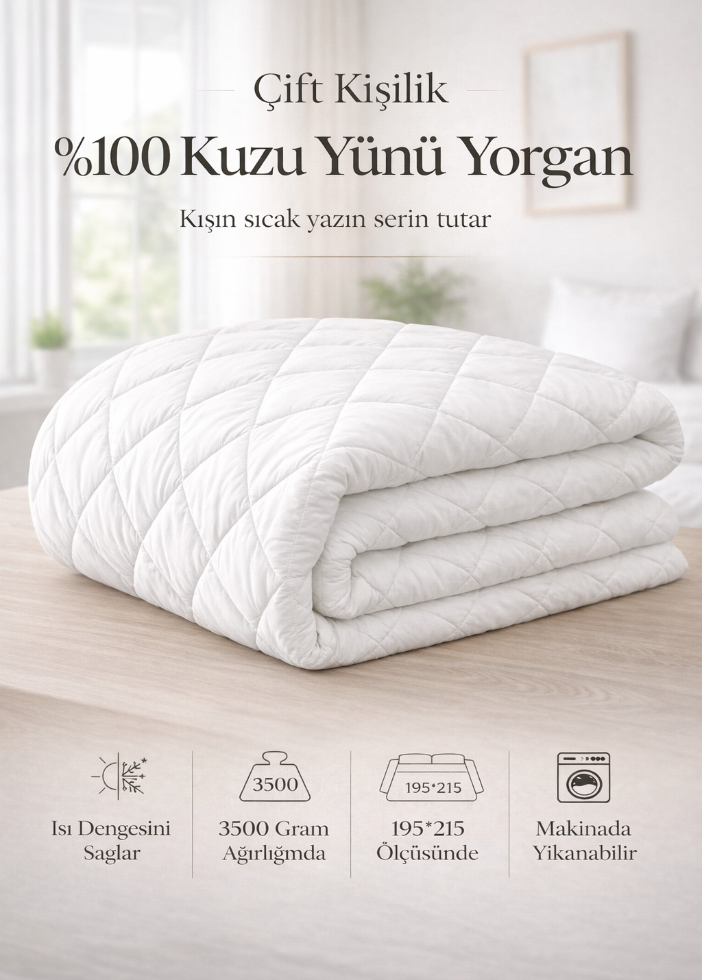 ÇİFT KİŞİLİK %100 KUZU YÜNÜ YORGAN 195*215