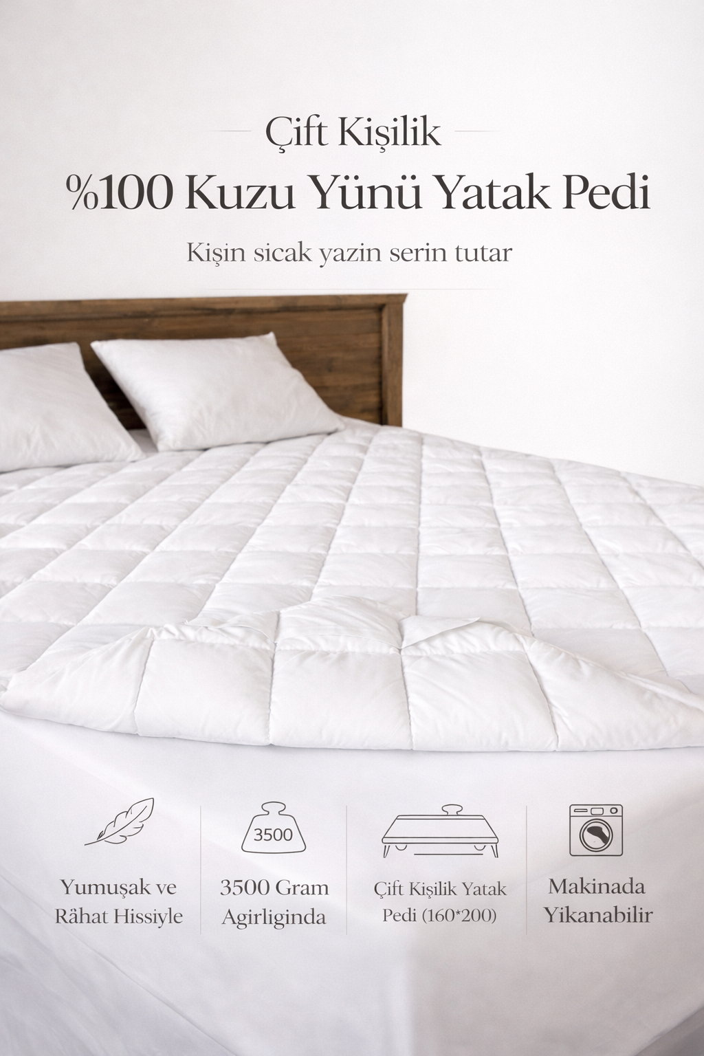 2 Kişilik Kuzu Yünü Yatak Pedi 160*200