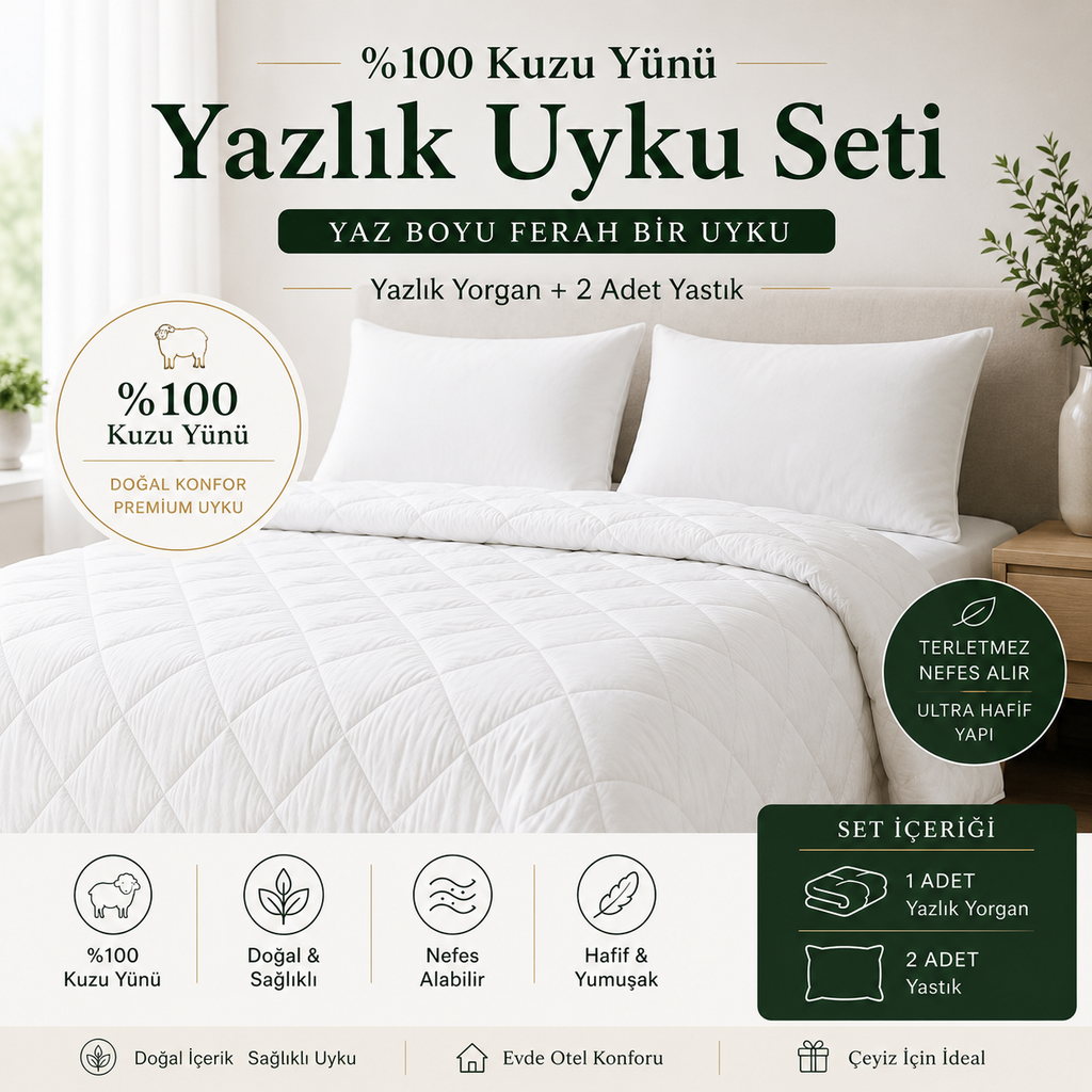 %100 Kuzu Yünü Yazlık Uyku Seti